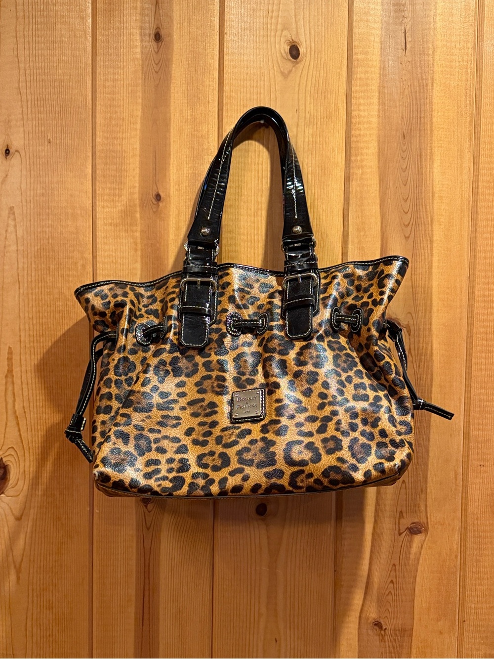 Dooney & Bourke Leopard Print Satchel Handbag with Black Trim